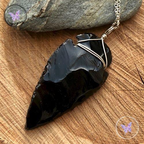 Black Obsidian Arrowhead Silver Pendant